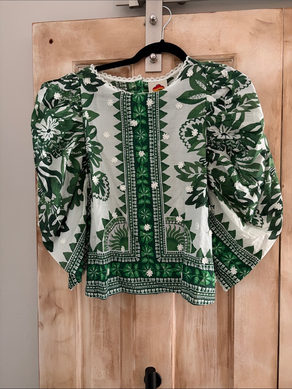 FARM Rio Green and White Floral Puff-Sleeve Blouse